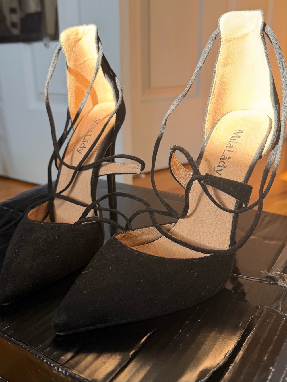 Black D'Orsay Lace-Up Suede Heels - Women